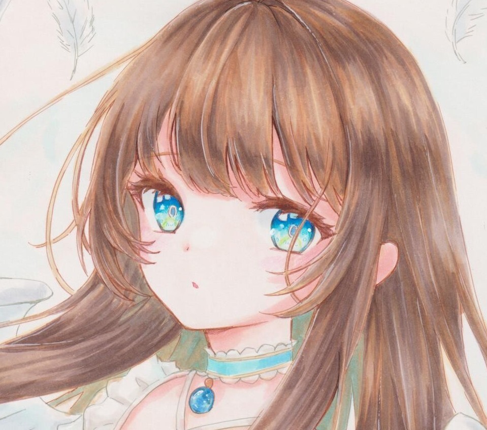 Original Hand-Drawn artwork illustration girl angel brown hair blue eyes feather ribbon dress, comics, anime goods, hand drawn illustration