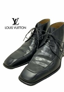 TK 美品 ITALY製 ルイヴィトン LOUIS VUITTON メタルプレート付 ダミエ柄 チャッカブーツ ビジネスシューズ 革靴 黒 ブラック