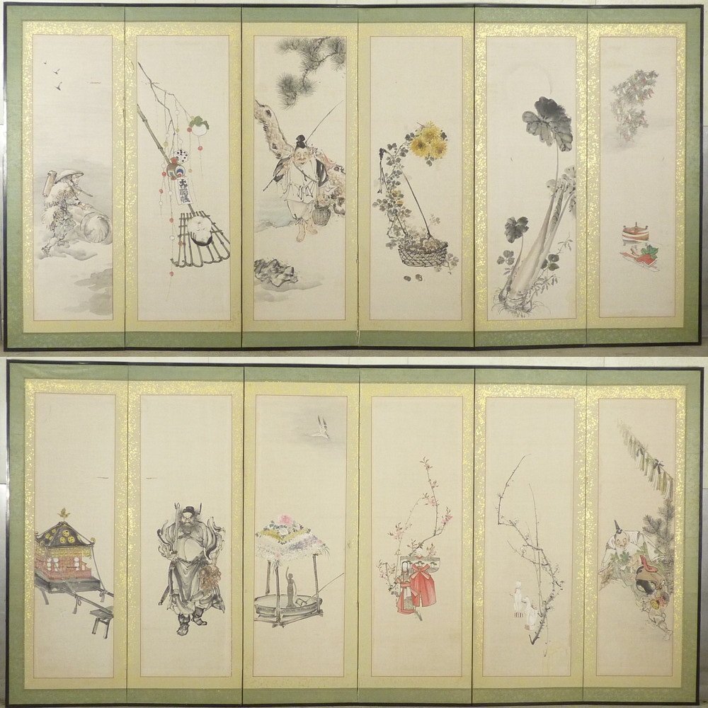 [Byobu-ya] 100d Figure Fleurs et Oiseaux Paravent moyen Hauteur environ 154, 5 cm Non signé Six pièces manuscrites sur papier Kenjin Peinture japonaise, peinture, Peinture japonaise, paysage, Fugetsu
