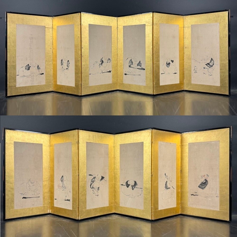 [Byobu-ya] 154n Ink figure small folding screen Height approx. 90cm Six pairs of pieces Unsigned Handwritten on paper Cloth bag Figure Ink painting Japanese painting, painting, Japanese painting, person, Bodhisattva