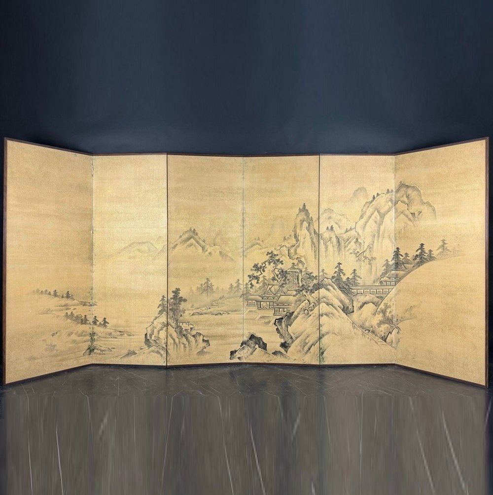 [Byobu-ya] 101w Kinsako Tower Paysage Paravent Hauteur Environ 175 cm Six paires et demie Livre de poche non signé Peinture à l'encre manuscrite Paysage Peinture japonaise, peinture, Peinture japonaise, paysage, Fugetsu