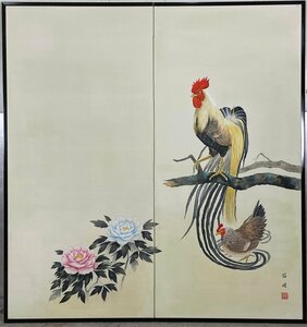 Art hand Auction 【屏風屋】117d 幹雄銘 花鳥図 屏風 高さ 約152cm 二枚折 半双 紙本肉筆 鶏 草花 牡丹 日本画, 絵画, 日本画, 花鳥, 鳥獣