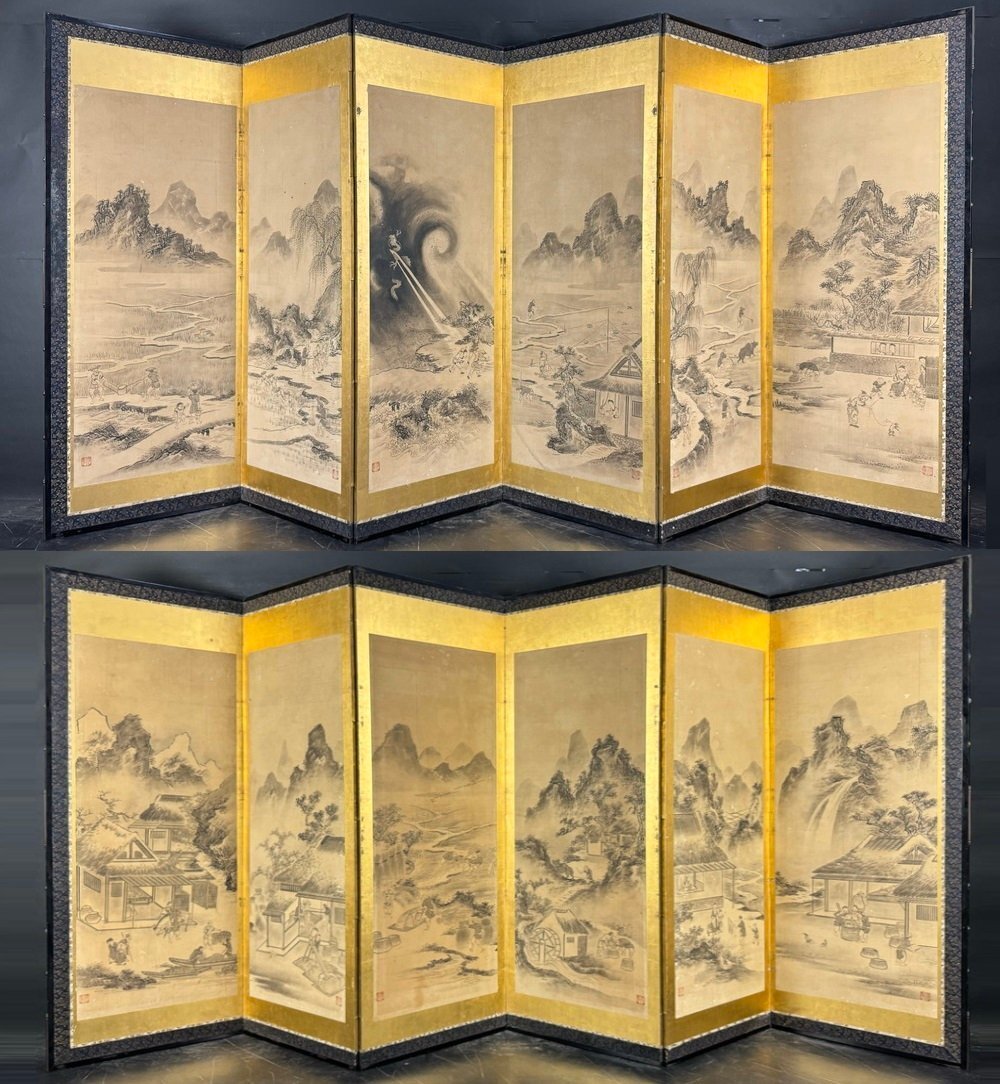 [Byobu-ya] 153v Signed Agricultural map Folding screen Height approx. 167cm Six pairs of pieces Handwritten on paper Landscape drawing Figure painting Ink painting Japanese painting, painting, Japanese painting, person, Bodhisattva