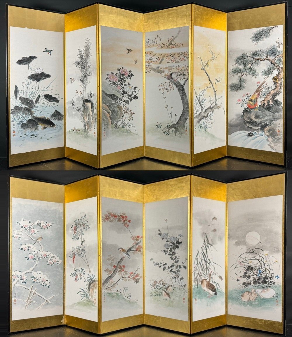 [बायोबू-या] 105ज़ शिलालेख: फूल, पक्षियों, और चार ऋतुओं के जानवर, ऊंचाई: लगभग 171.5 सेमी, 6 टुकड़ों का 1 जोड़ा, कागज पर हस्तलिखित, सोने की तह स्क्रीन, जापानी पेंटिंग, चित्रकारी, जापानी पेंटिंग, फूल और पक्षी, पक्षी और जानवर
