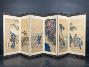 Art hand Auction 【屏風屋】118t 雪谷 銘 四季山水人物図 中屏風 高さ 約150cm 六曲半双 紙本肉筆 富士 松 雷 風景画 日本画, 絵画, 日本画, 人物, 菩薩