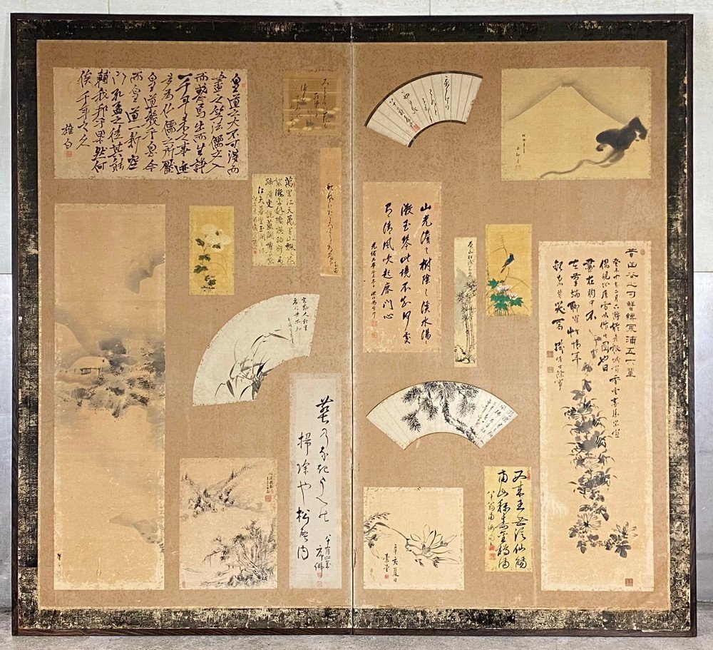 [Byobu-ya] 98d Japanese painting, calligraphy, folding screen, folding screen, height approx. 173cm, two-fold, half-fold, handwritten on paper, signed., painting, Japanese painting, landscape, Fugetsu