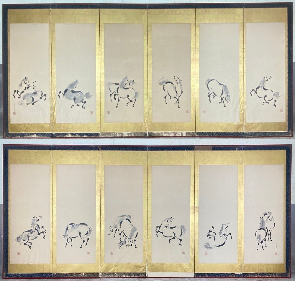 [Бёбу-я] 213b Кано Кацусенин (Масанобу Кано) кисть, иллюстрация лошади, складывающийся экран, высота ок. 178 см, шестикривая пара, рукописный на бумаге, подписано, золотая ширма, Японская живопись, рисование, Японская живопись, цветы и птицы, птицы и звери