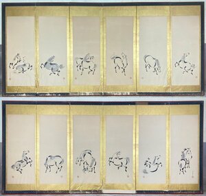 Art hand Auction [बायोबू-या] 213बी कानो कात्सुसेनिन (मसानोबू कानो) ब्रश, घोड़े का चित्रण, फ़ोल्डिंग स्क्रीन, ऊंचाई लगभग. 178 सेमी, छह-घुमावदार जोड़ी, कागज पर हस्तलिखित, पर हस्ताक्षर किए, सोने की तह स्क्रीन, जापानी पेंटिंग, चित्रकारी, जापानी पेंटिंग, फूल और पक्षी, पक्षी और जानवर
