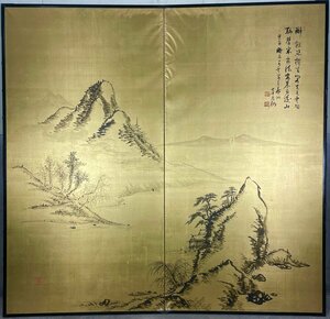 Art hand Auction 【屏風屋】133d 華洞 銘 金台肉筆 山水図 屏風 高さ 約173.5cm 二枚折半双 絹本肉筆 落款有 金屏風 日本画, 絵画, 日本画, 山水, 風月