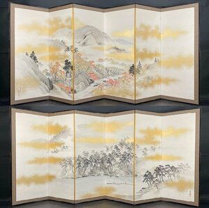 Art hand Auction [Byobuya] 39t Kinsako Moriharugaku Pinsel Four Seasons Landscape Paravent Höhe ca. 175 cm Sechs Paar Stücke Handschriftlich auf Papier Sommerlandschaft Herbstlandschaft Japanische Landschaftsmalerei, Malerei, Japanische Malerei, Landschaft, Fugetsu