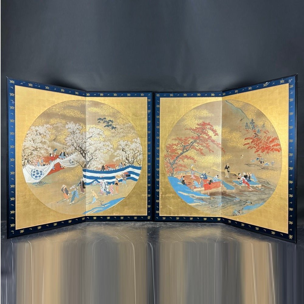 [Byobu-ya] 28b Kinsako, Cherry Blossom Viewing, Autumn Leaves, Banquet, Two-Piece Folding Screen, Height Approximately 173.5cm, Unmarked, Handwritten on Paper, Cherry Blossoms, Seasonal Events, Landscape and Water Figures, Japanese Painting, painting, Japanese painting, person, Bodhisattva