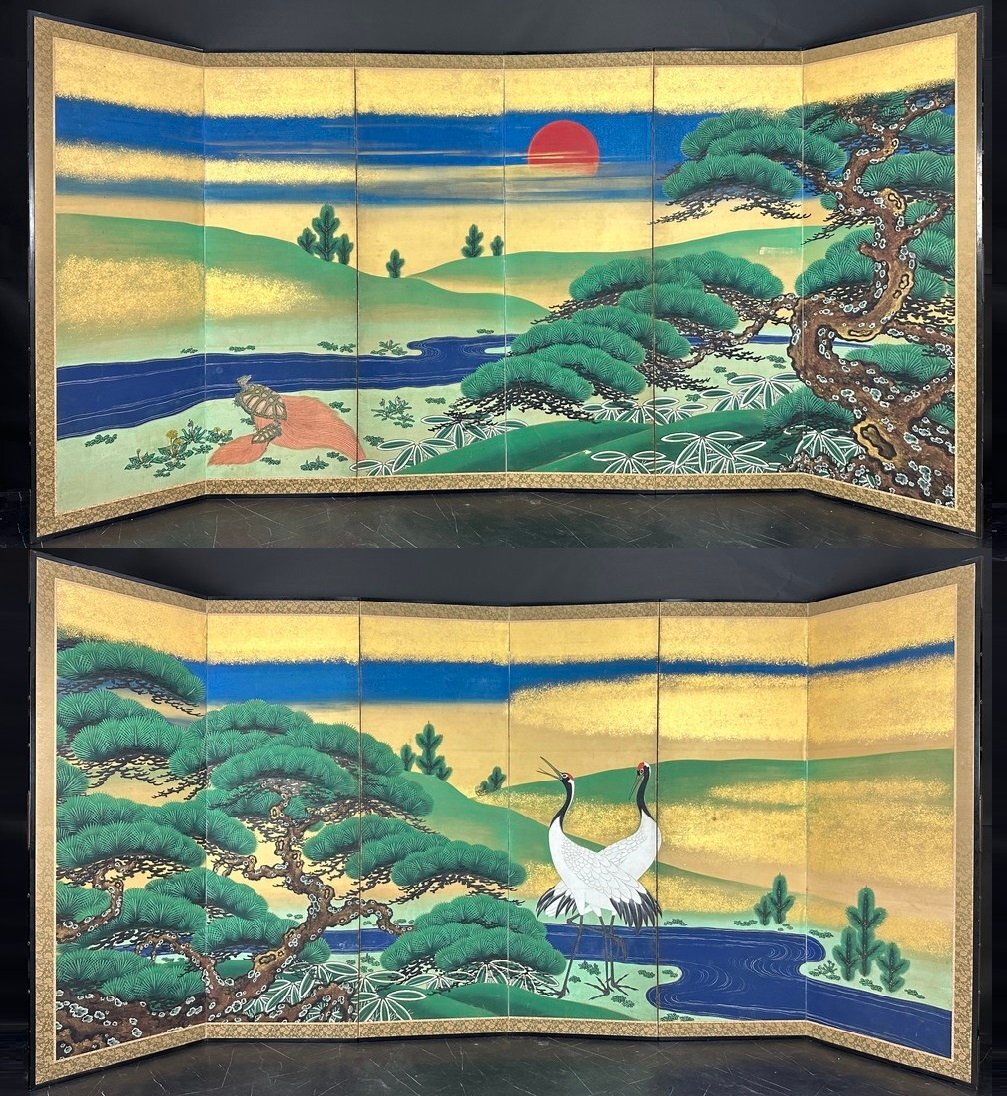 [Byobu-ya] 41v 手绘老松树上的鹤和乌龟。高度：约。 181 厘米。一对六片。未签名。平装。金沙子。花鸟。日本画。, 绘画, 日本画, 花鸟, 飞禽走兽