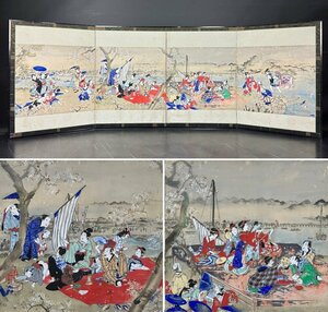 Art hand Auction [Byobu-ya] 59j Kinsako樱花观赏中型折屏 高约119cm 四件半套装 无签名纸本手写樱花宴会手办, 绘画, 日本画, 人, 菩萨