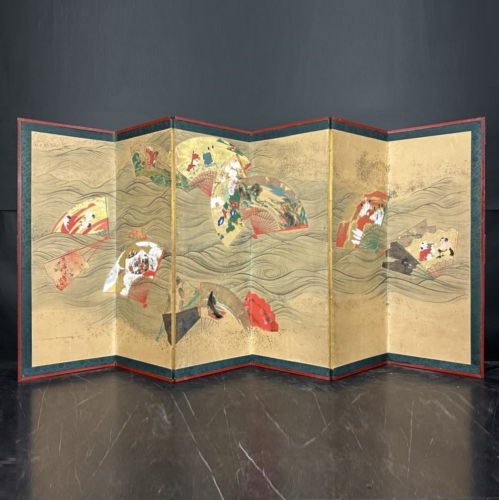 [Byobu-ya] 68h Fan-flowing map Medium folding screen Height: Approximately 133.5cm Height: 6 pieces, unsigned, handwritten on paper, People, Flowers and Birds, Landscapes, Japanese Paintings, painting, Japanese painting, person, Bodhisattva