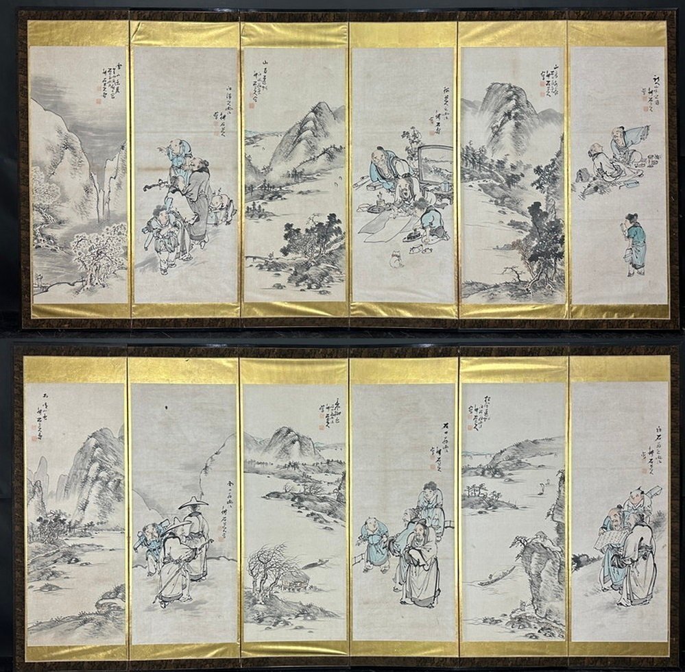 [Byobu-ya] 65m Koseki Nakanishi Brush Landscape Figures Folding Screen Height Approximately 171.5cm Six Pieces Set Handwritten on Paper Ink Painting Japanese Painting, painting, Japanese painting, person, Bodhisattva