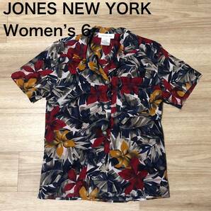 【送料無料】JONES NEW YORKコットン65%リネン35%アロハシャツ　ネイビー花柄総柄　レディース6サイズ　ハワイアン半袖シャツ綿麻