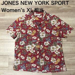 【送料無料】JONES NEW YORK SPORT アロハシャツ　赤花柄総柄　レディースXLサイズ相当　ハワイアン半袖シャツ