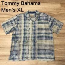 【送料無料】Tommy Bahamaシルク70%ポリエステル30%半袖シャツ　青系チェック柄　メンズXLサイズ　トミーバハマハワイアンアロハシャツ絹_画像1