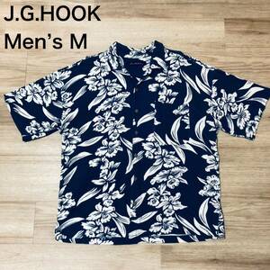 【送料無料】J.G.HOOKコットン100%やや厚手アロハシャツ　青白総柄　メンズMサイズ　ハワイアン半袖シャツ綿