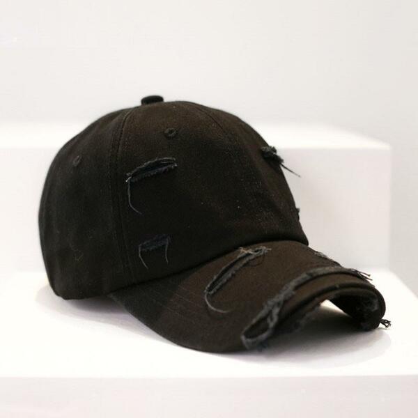 ブラック ダメージキャップ 野球帽 モード系 男女兼用 つば広 ビンテージ UV 春