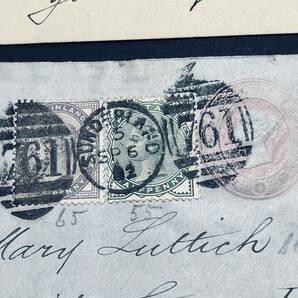 1884年/1892年 イギリス 切手加貼ステーショナリー使用例 2通ロット 1p葉書と1p封皮 ドイツ宛 エンタイアの画像5