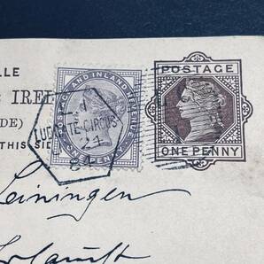 1884年/1892年 イギリス 切手加貼ステーショナリー使用例 2通ロット 1p葉書と1p封皮 ドイツ宛 エンタイアの画像3