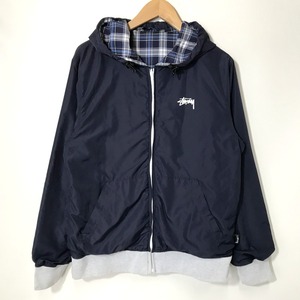 STUSSY リバーシブルジャケット RN94974 CA28629 チェック 古着 フード付き 上着 メンズ Lサイズ ネイビー ステューシー アウター A4274◆