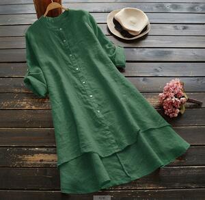  cotton flax material. thin tunic dress * new goods * large size * green ... color . stylish long sleeve tunic TOPS