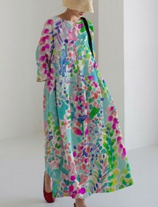  spring. . floral print . vivid long height dress * new goods * large size * easy long height jersey - knitted dress 