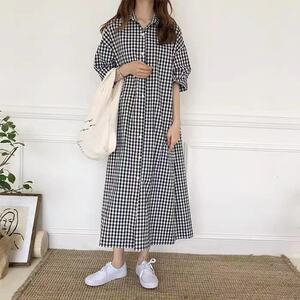 定番チェックのロング丈ワンピ★新品★大きいサイズ★半袖のコットン風ゆったりロング丈シャツワンピ