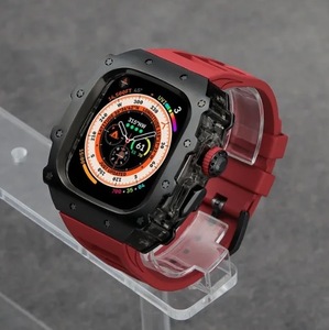 【高品質】Apple Watch 高級メタルケース クリスタルボタン シリコンベルト バンド ブラック/レッド Ultra/9/8/7/6/5/4/se 44/45/49mm