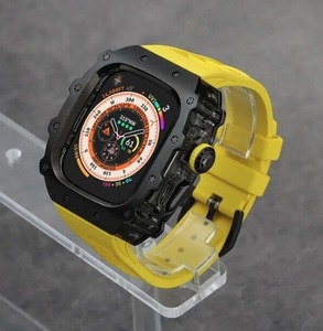 【高品質】Apple Watch 高級メタルケース クリスタルボタン シリコンベルト バンド ブラック/イエロー Ultra/9/8/7/6/5/4/se 44/45/49mm