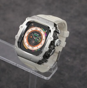 【高品質】Apple Watch 高級メタルケース クリスタルボタン シリコンベルト バンド シルバー/ホワイト Ultra/9/8/7/6/5/4/se 44/45/49mm