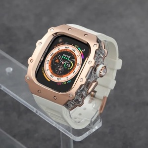 【高品質】Apple Watch 高級メタルケース クリスタルボタン シリコンベルト バンド Rゴールド/ホワイト Ultra/9/8/7/6/5/4/se 44/45/49mm