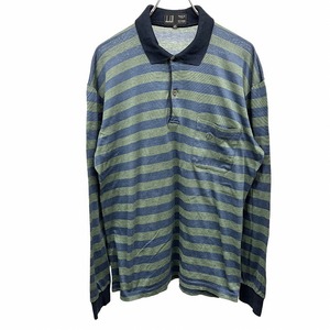 ダンヒル dunhill 薄手 ポロシャツ Tシャツ生地 ボーダー 長袖 イタリア製 ピュアコットン100% 38(97cm) ネイビー×グリーン 紺×緑 メンズ