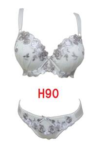 H90/3L・ホワイト　大花柄刺繍ブラジャー＆ショーツ　グラマーカップ　補正下着　Hカップ　大きいサイズ　新品