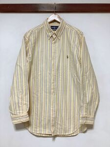 に1354 香港製 Ralph Lauren ラルフローレン オックスフォード長袖シャツ ストライプ 16 1/2 ボタンダウン クリームイエロー CLASSIC FIT