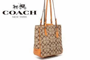 【良美品】COACH コーチ トートバッグ ショルダーバッグ キャンバス レザー レディース シグネチャー 肩掛け ヌメ革 茶