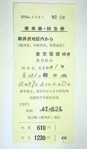 国鉄　乗車券・特急券　そよかぜ 1号　軽井沢地区内→東京電環　S47.8.24.