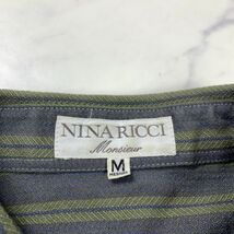 A2720 ニナリッチ 長袖シャツ ウール ストライプ NINA RICCI グリーン 胸ポケット ワンポイント刺 グレー 緑 M_画像5