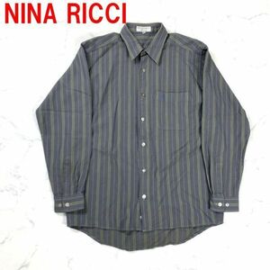 A2720 ニナリッチ 長袖シャツ ウール ストライプ NINA RICCI グリーン 胸ポケット ワンポイント刺 グレー 緑 M