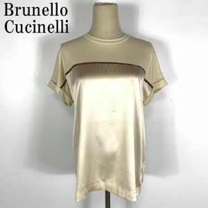 LA1194 ブルネロ クチネリ ストレッチ切替デザインプルオーバーBRUNELLO CUCINELLI カットソー 絹シルク サテン生地 ベージュS