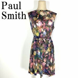 LA1325 ポールスミス 花柄ストレッチワンピース マルチカラー Paul Smith 転写プリント ミックスカラー ピンク 紫パープルノースリーブM