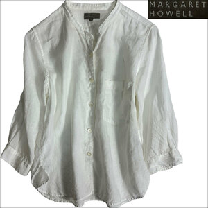 J6399 美品 マーガレットハウエル リネンバンドカラー七分袖シャツ ホワイト I MARGARET HOWELL
