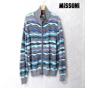 美品 訳アリ MISSONI ミッソーニ リネンミックス ジップアップ ニット カーディガン ジャケット ボーダー柄 ハイネック マルチカラー