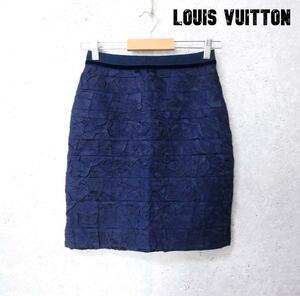 美品 Louis Vuitton ルイヴィトン サイズ38 シルクミックス シワ加工 サテン 膝丈スカート タイトスカート 花柄 紺 ネイビー