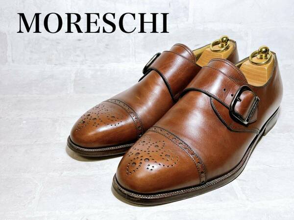 イタリア製【美品】MORESCHI モレスキー 高級 ビジネスシューズ モンクストラップ 本革 レザー 茶 UK10（約28〜28.5cm）