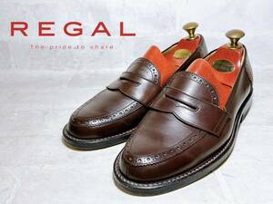 数回着【極美品】REGAL リーガル 高級ライン コインローファー 本革 レザー 革底 レザーソール 茶 24EEcm メンズ 高級紳士靴
