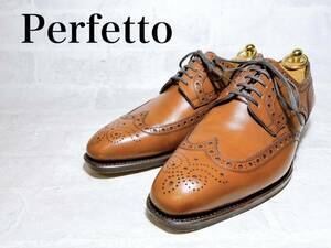 【美品】PERFETTO ペルフェット 上質 ウィングチップ ビジネスシューズ レザー 茶 グッドイヤー製法 UK6（約24.5cm）メンズ 高級紳士靴