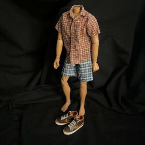  Dragon company 1/6 size slim element body attaching casual style check shirt, blue check short pants, is ikatto sneakers set 